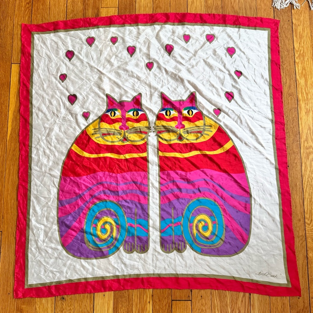 Vintage Laurel Burch Colorful Silk Scarf "Rainbow Cats" Design 90s 80s Tapestry